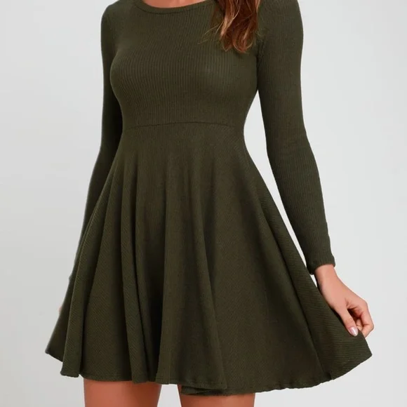 Lulus | Dresses | Fit And Fair Olive Green Ribbed Knit Long Sleeve Skater  Dress Nwt | Poshmark